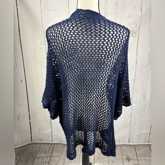 Jessika London Navy Crocket Knit Cardigan Coverup Open Front Ramie Cotton - Picture 4 of 6